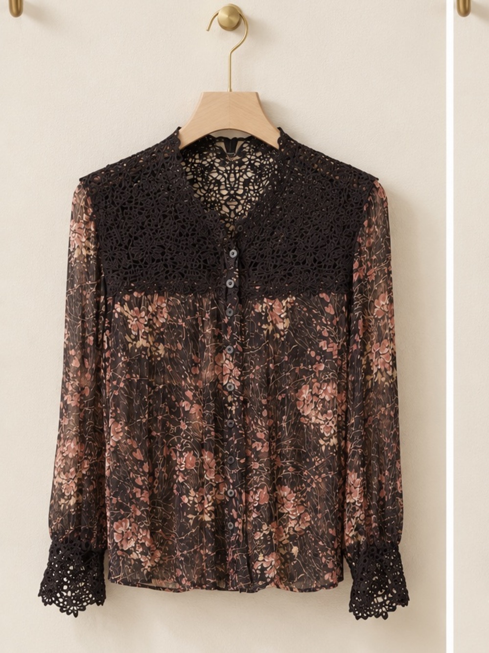 Sea New York Black Floral Crochet-Yoke Button Front Blouse
